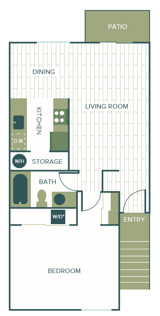 Floor plan for 1 bed, 1 bath, 678 sqft